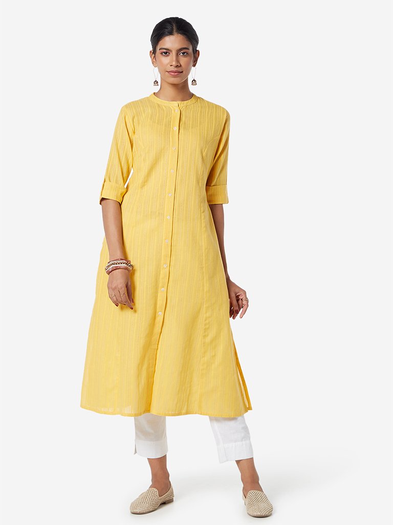 Utsa Yellow Band-Neck Self-Striped A-line Kurta