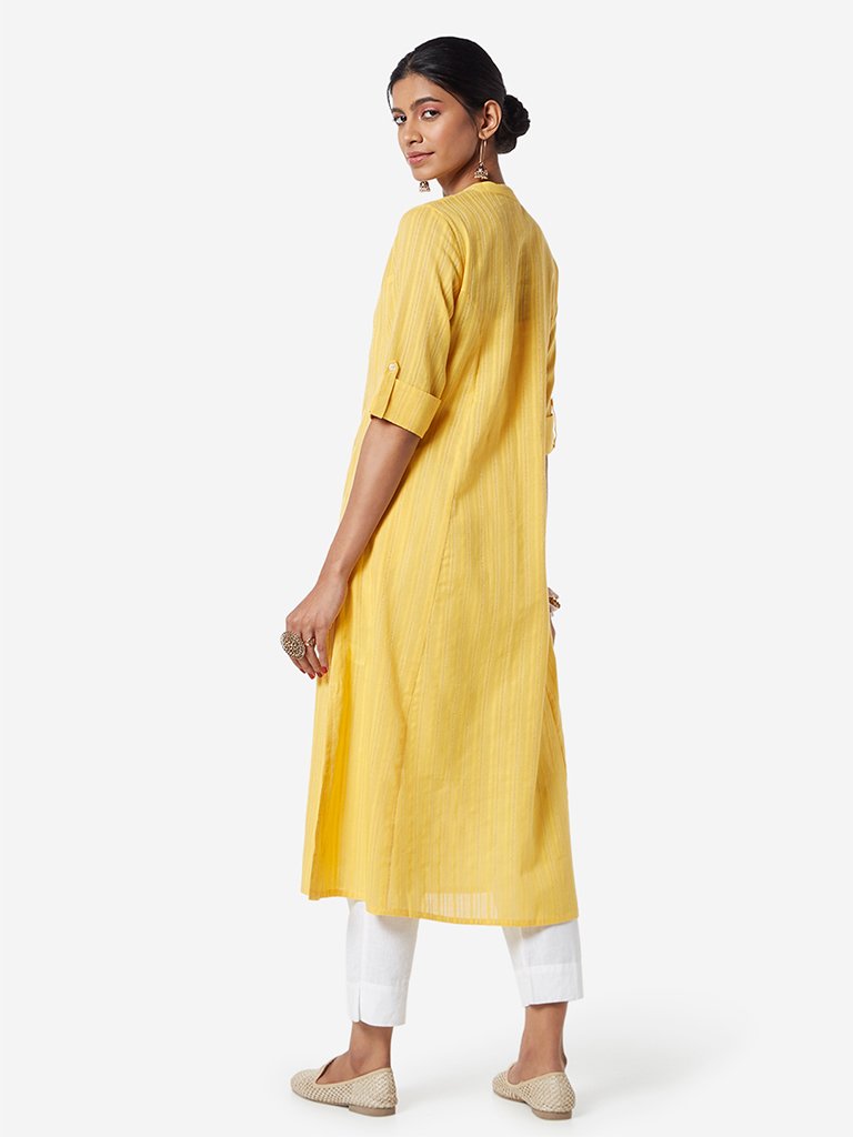 Utsa Yellow Band-Neck Self-Striped A-line Kurta