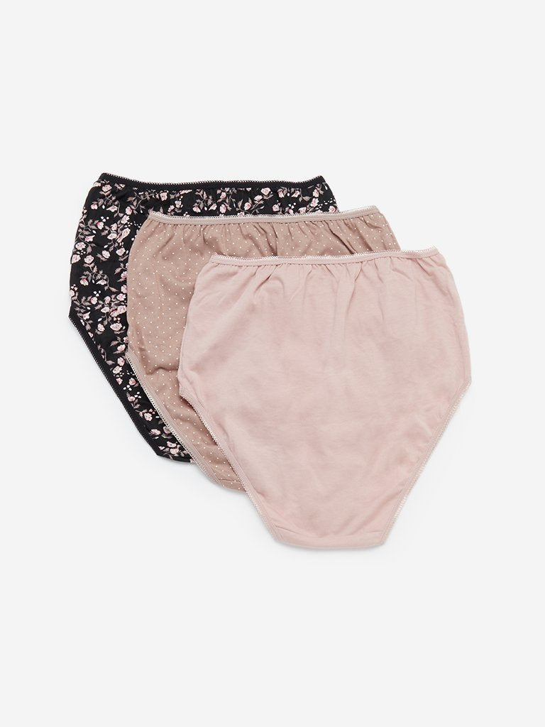 Wunderlove Beige Print Full Briefs Set of Three