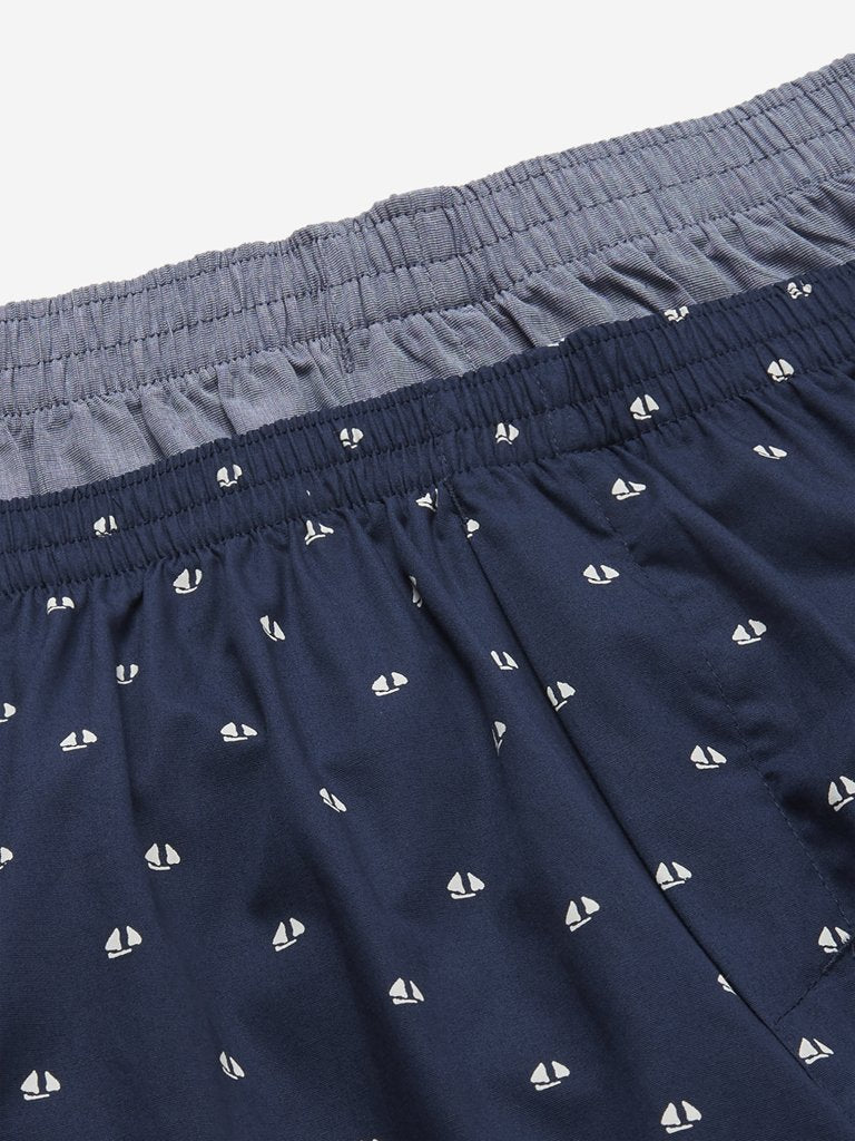 WES Lounge Navy Woven Cotton Boxers Pack of Two