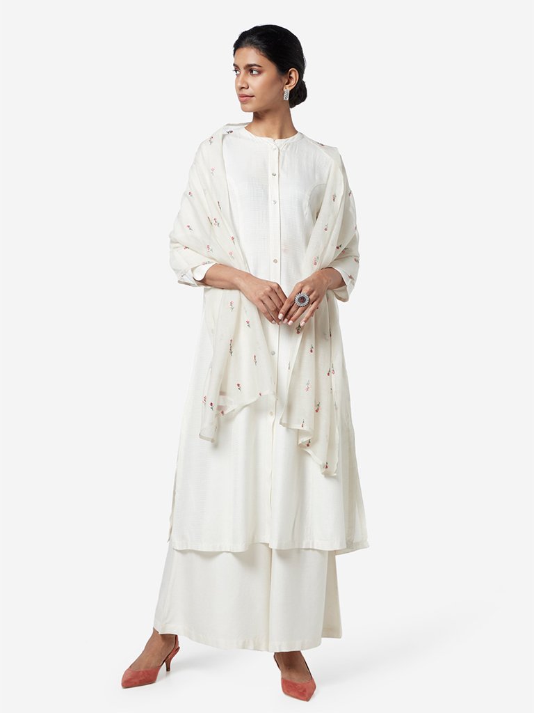 Zuba Beige Floral Embroidered Cotton-Silk Stole