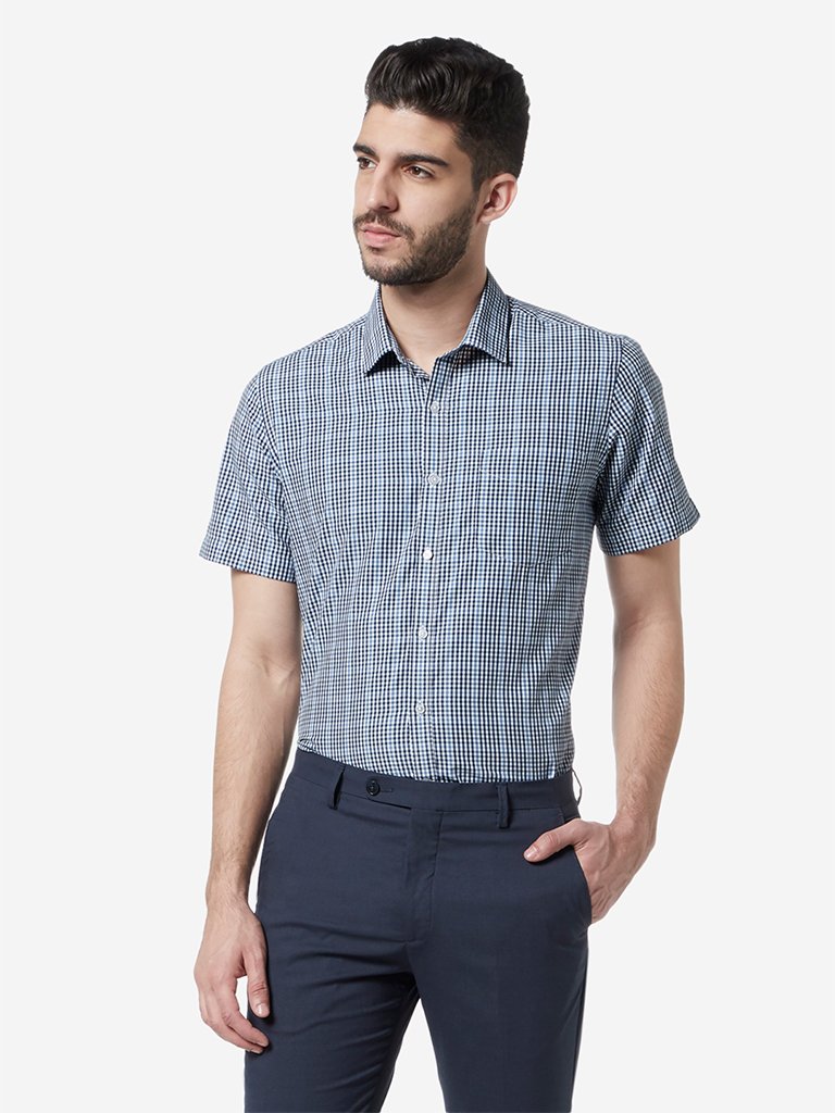 WES Formals Blue Checkered Slim Fit Shirt