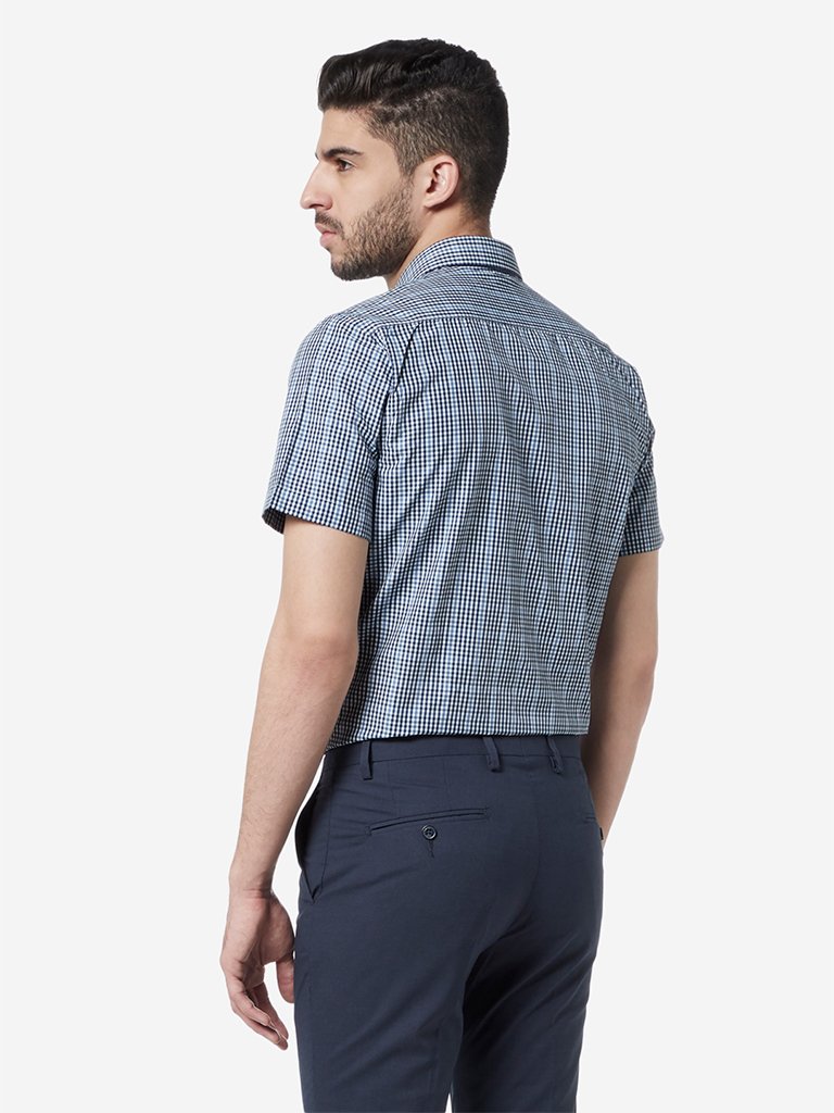 WES Formals Blue Checkered Slim Fit Shirt