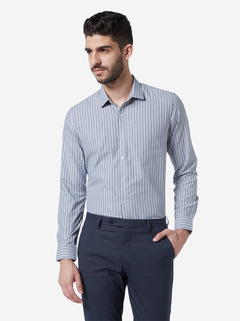 WES Formals Blue Striped Slim Fit Shirt