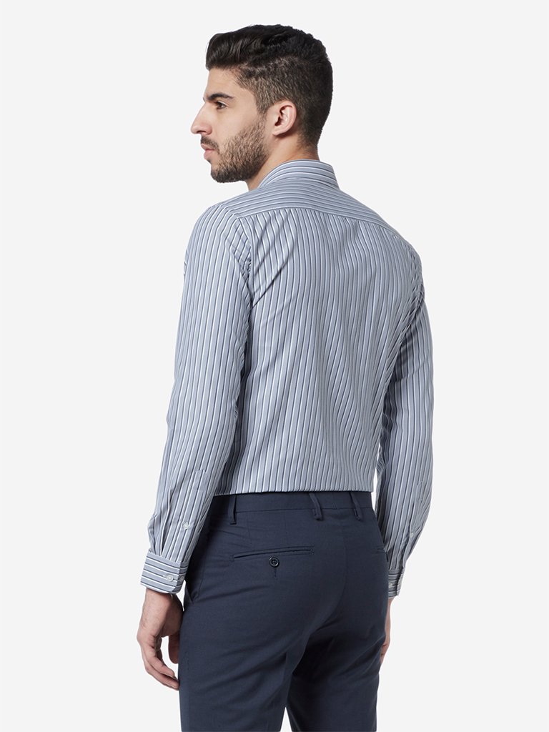 WES Formals Blue Striped Slim Fit Shirt