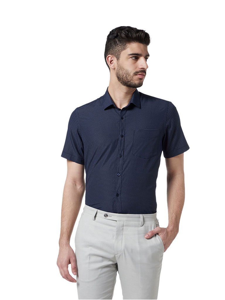 WES Formals Navy Striped Slim Fit Shirt