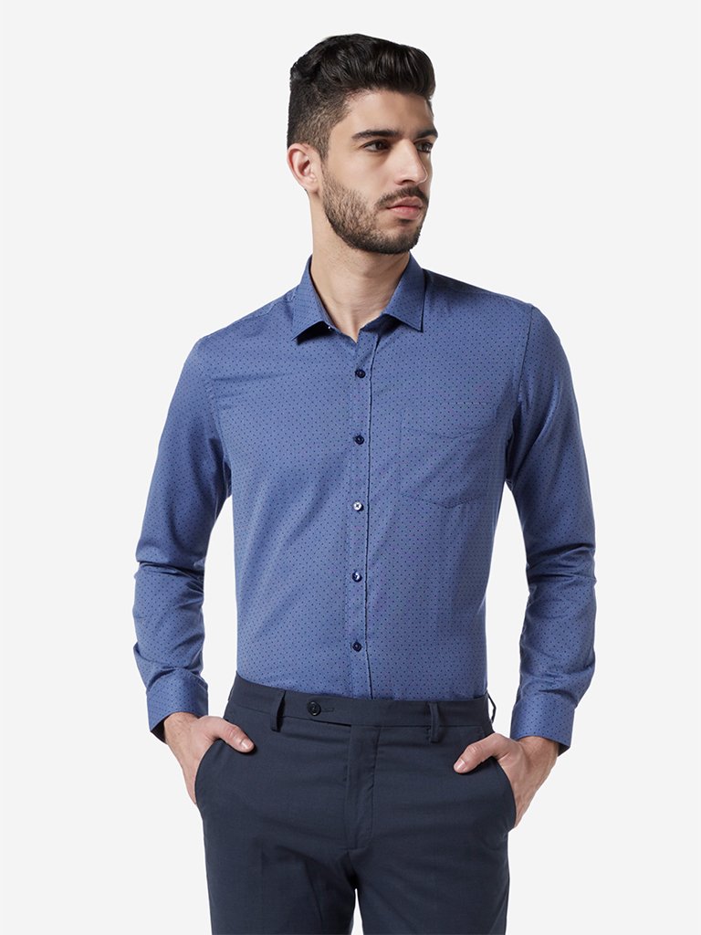 WES Formals Blue Self-Patterned Slim Fit Shirt
