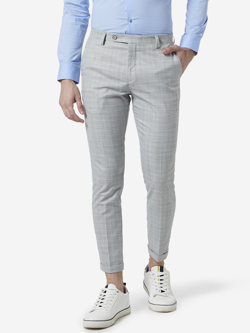 WES Formals Light Grey Carrot Fit Check Trousers