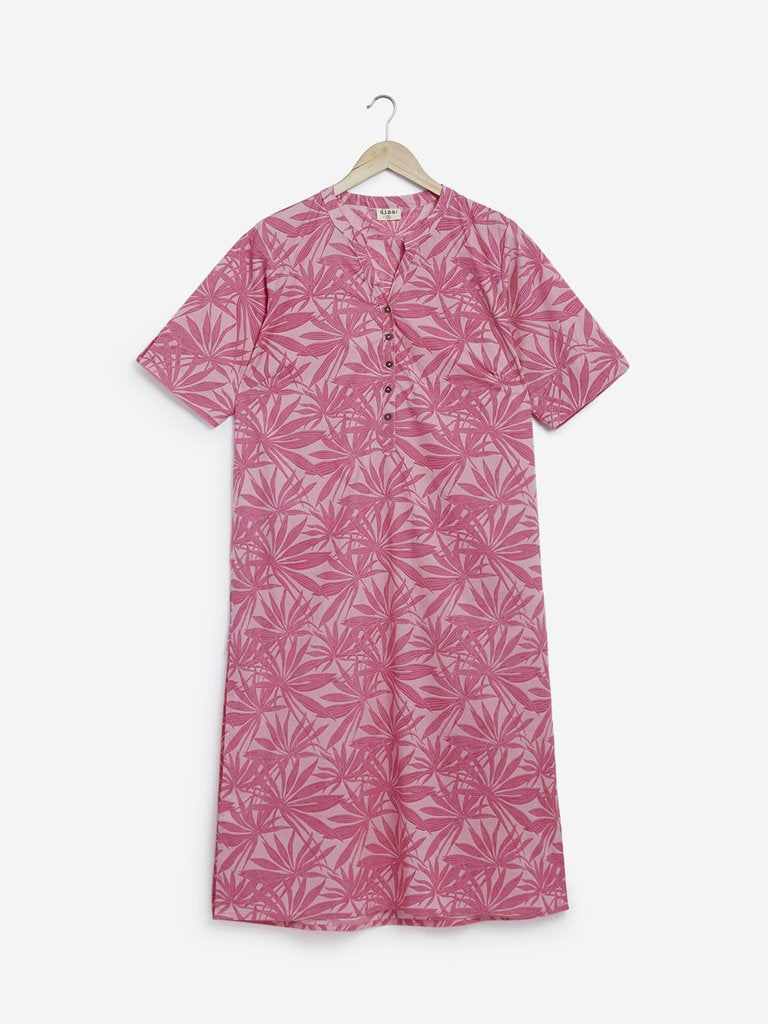 Diza Curves Pink Leaf Print Straight Kurta
