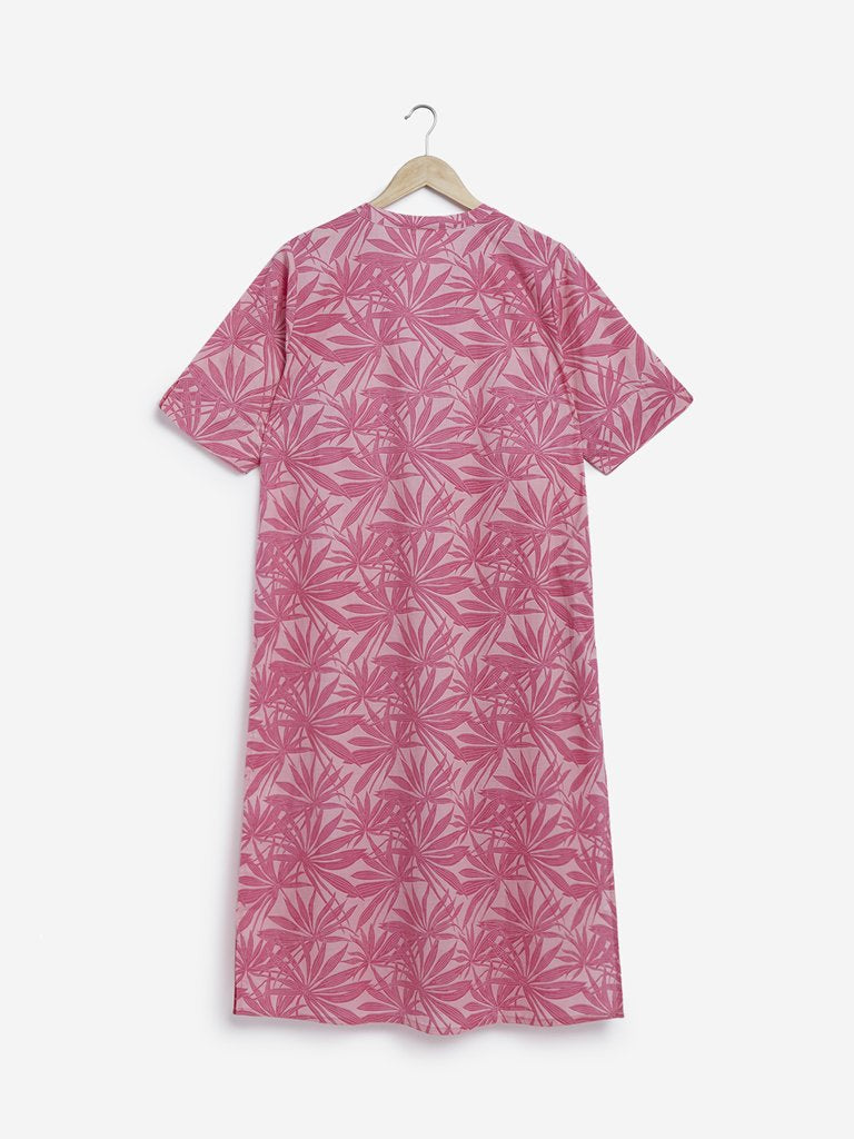 Diza Curves Pink Leaf Print Straight Kurta
