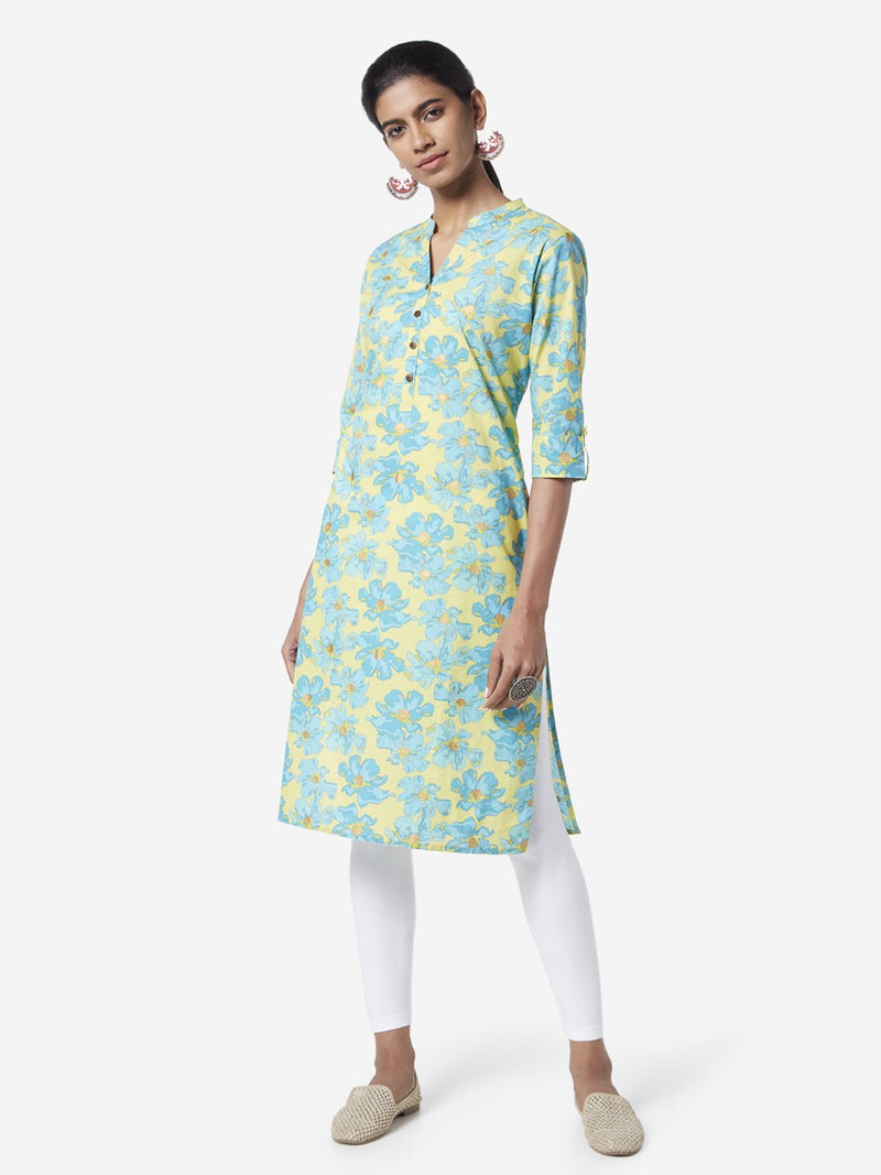Utsa Lime Flower Printed Straight Kurta