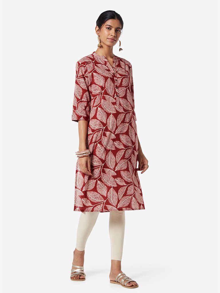 Utsa Rust Leaf Printed Straight Kurta
