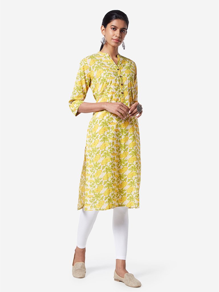 Utsa Yellow Printed Straight Kurta