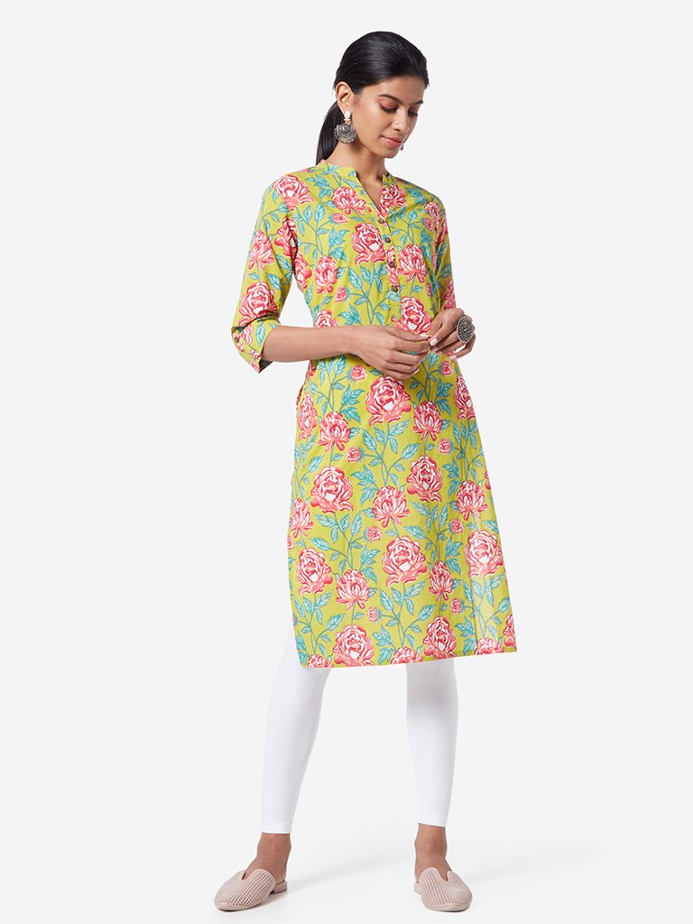 Utsa Lime Floral Printed Straight Kurta