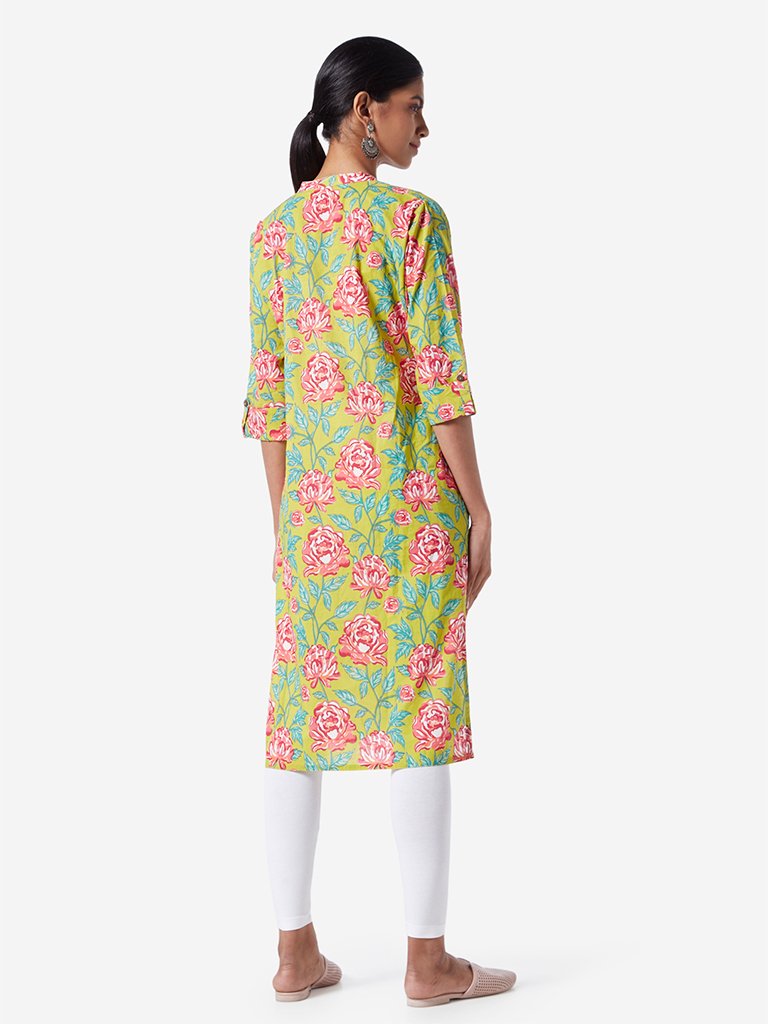 Utsa Lime Floral Printed Straight Kurta