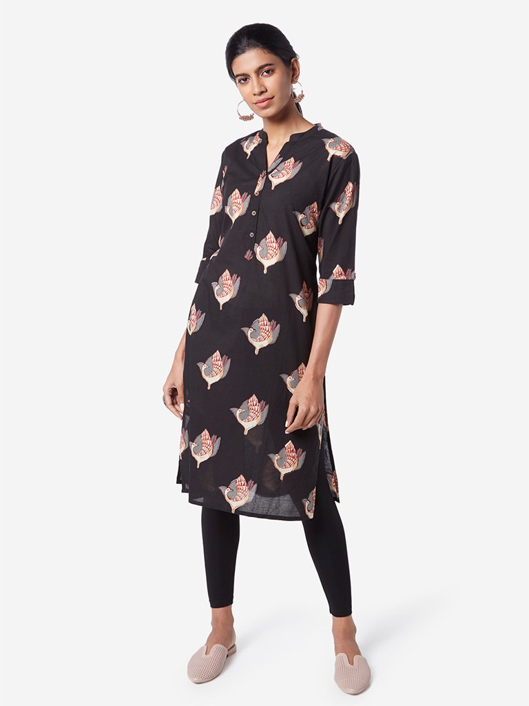 Utsa Black Bird Patterned Straight Kurta