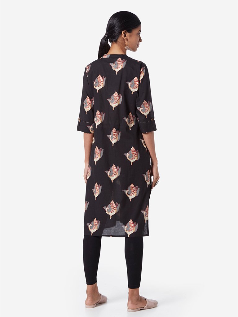 Utsa Black Bird Patterned Straight Kurta