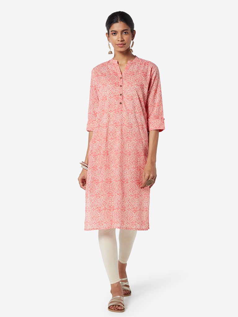 Utsa Blush Pink Geometrical Print Straight Kurta