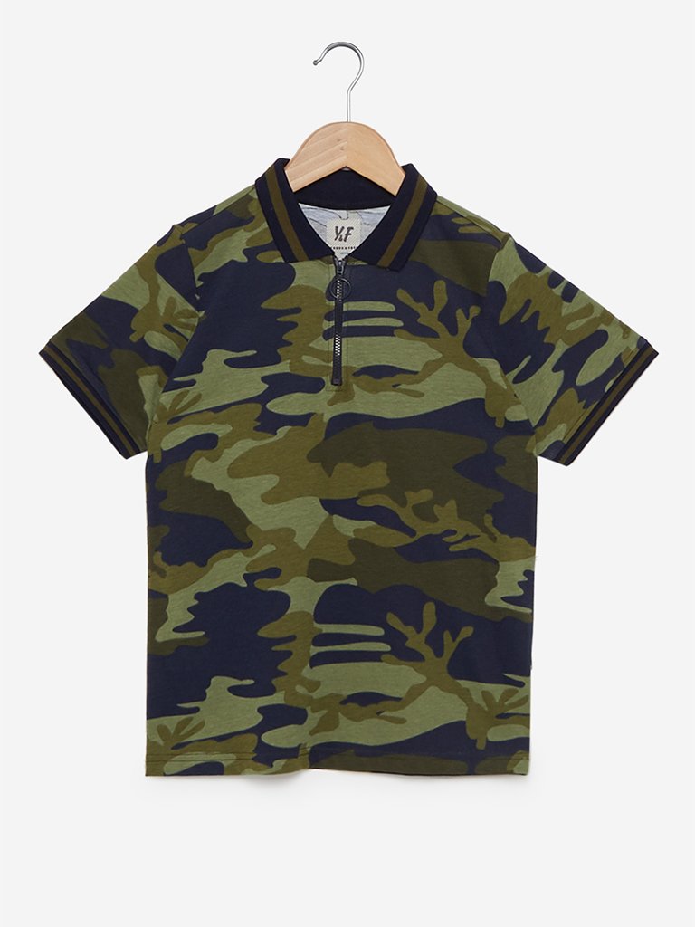 Y&F Kids Olive Camouflage Print Polo T-Shirt