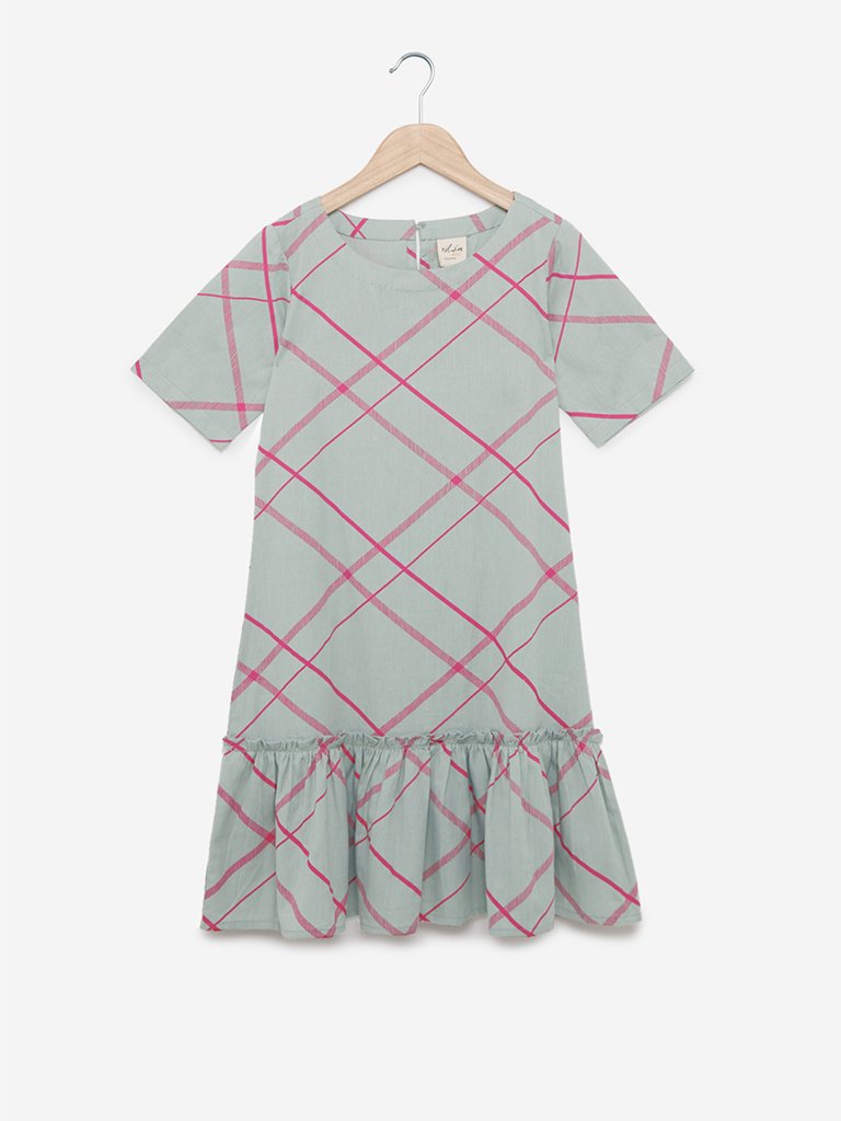 Utsa Kids Sage Green Checked Dress