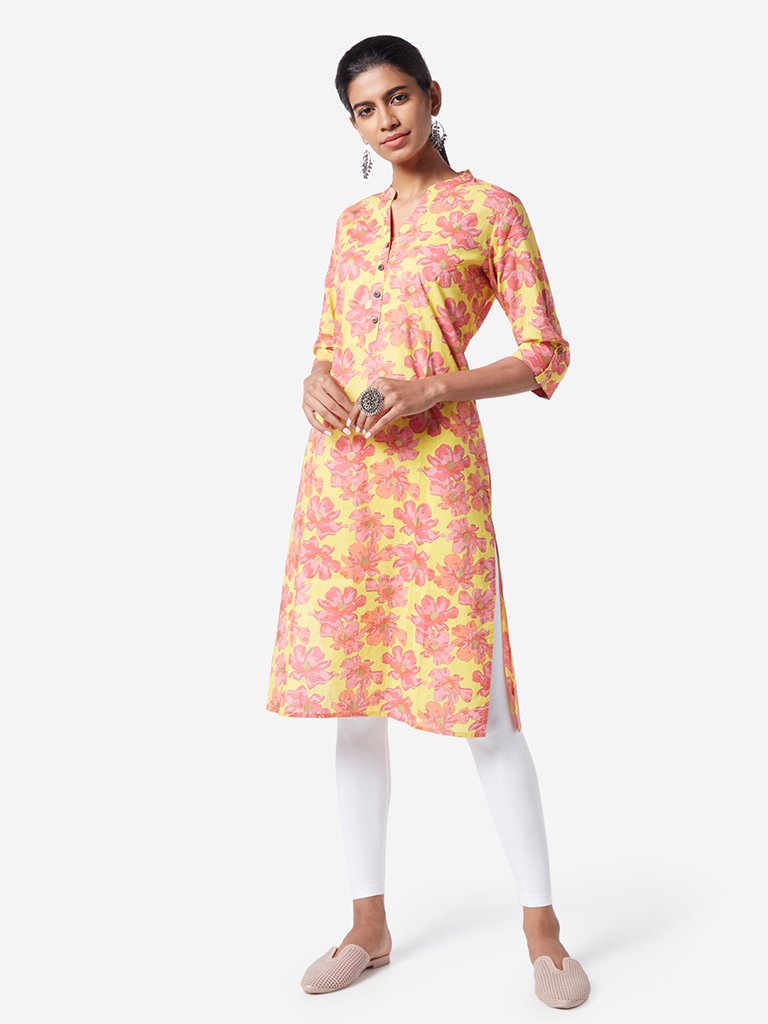 Utsa Yellow Flower Printed Straight Kurta