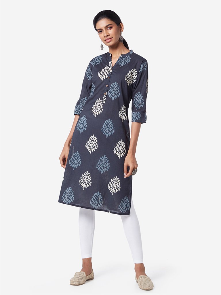 Utsa Indigo Leaf Patterned Straight Kurta