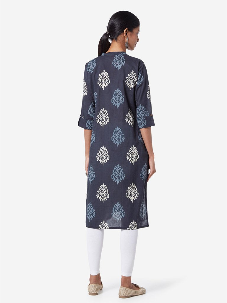 Utsa Indigo Leaf Patterned Straight Kurta