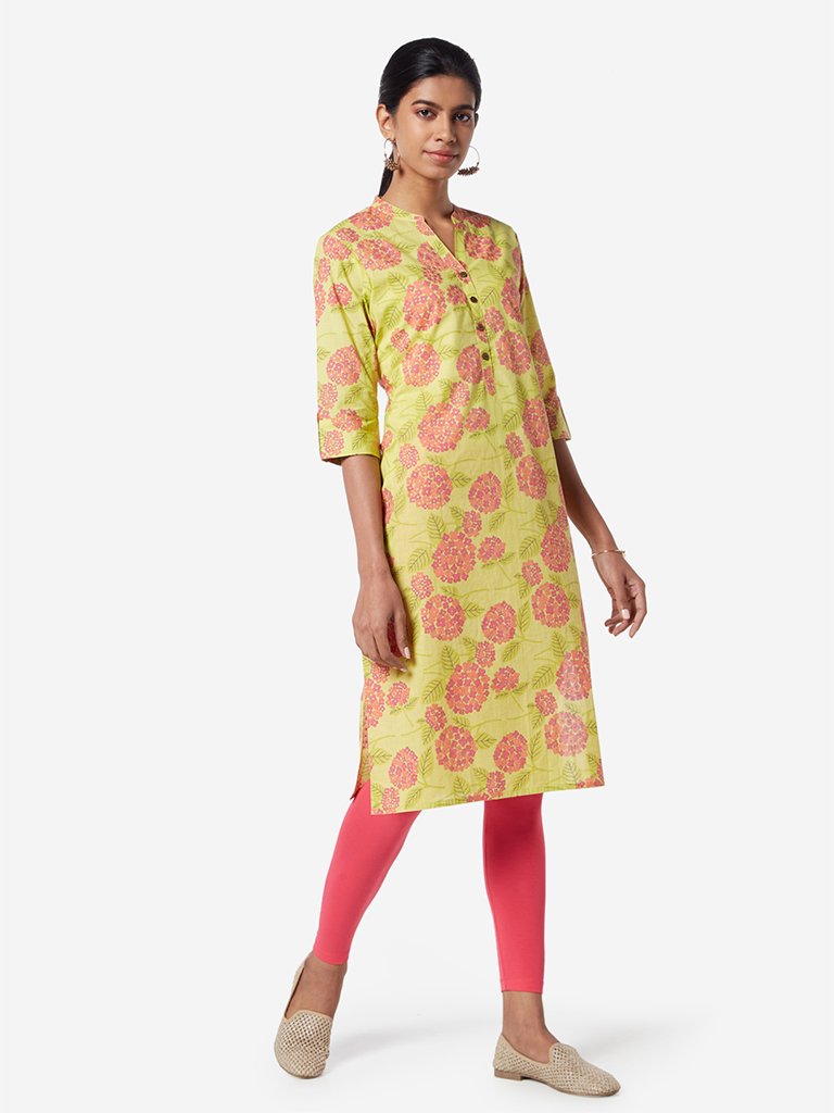Utsa Lime Floral Patterned Straight Kurta