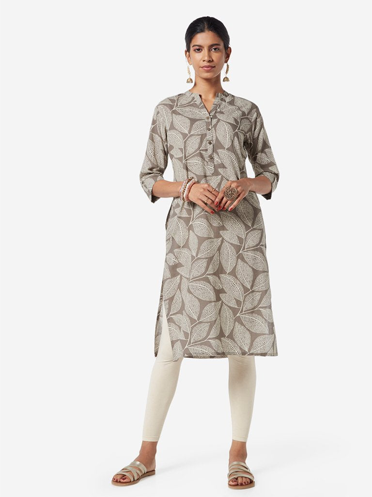Utsa Grey Leaf Printed Straight Kurta