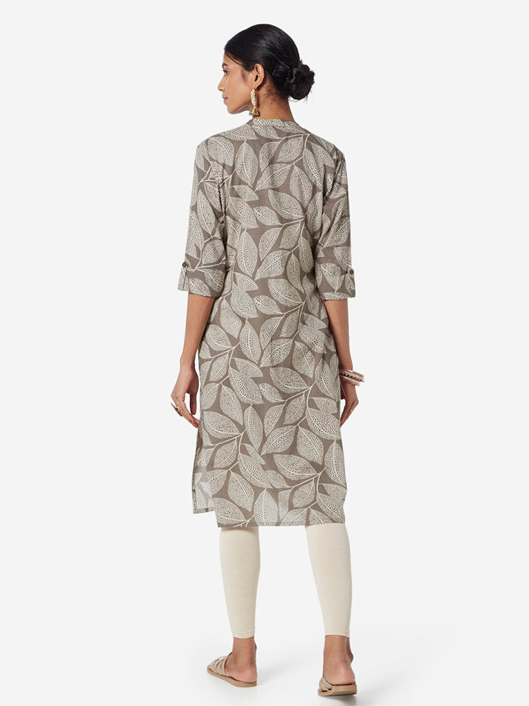 Utsa Grey Leaf Printed Straight Kurta
