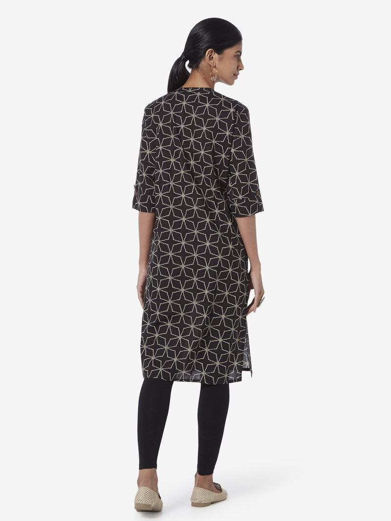Utsa Black Star Printed Straight Kurta