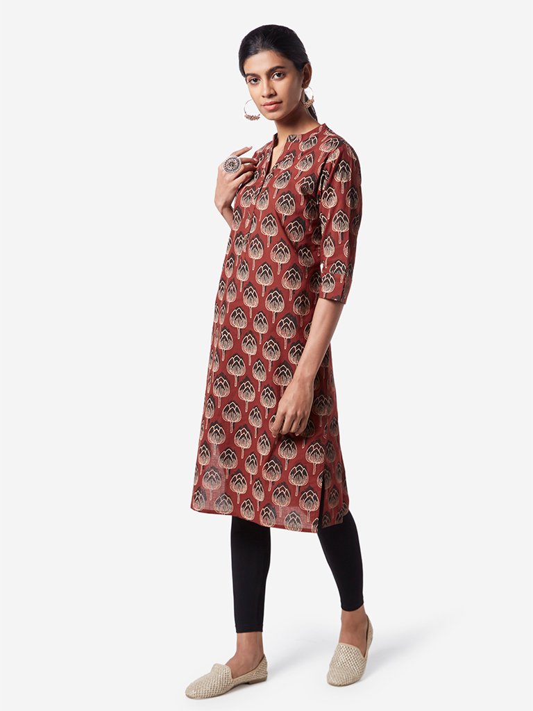 Utsa Rust Jasmine Print Straight Kurta