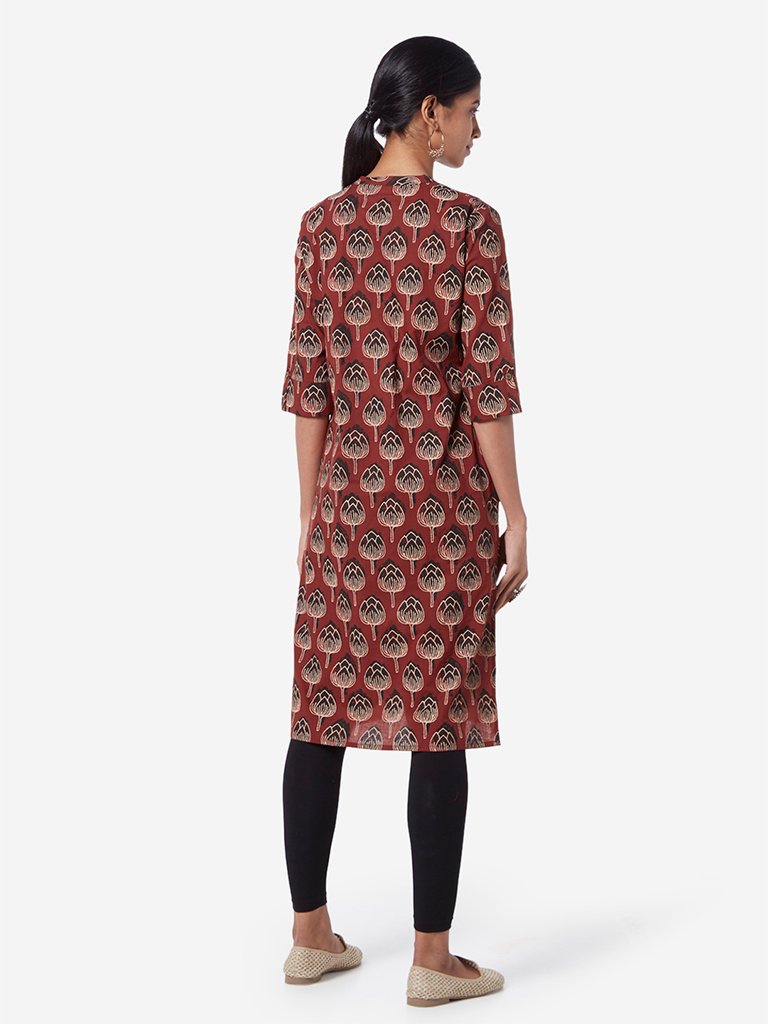 Utsa Rust Jasmine Print Straight Kurta