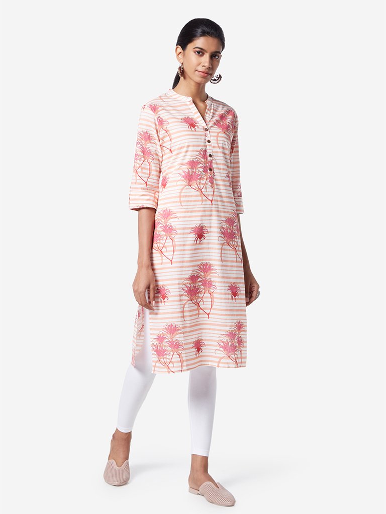 Utsa Pink Printed Straight Cotton Kurta