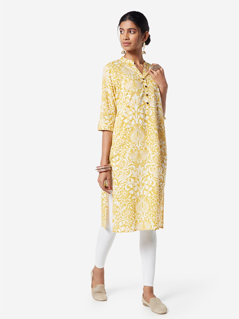 Utsa Mustard Printed Straight Kurta