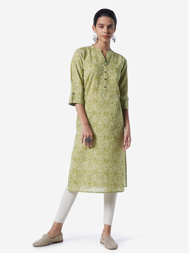 Utsa Green Flower Print Straight Kurta