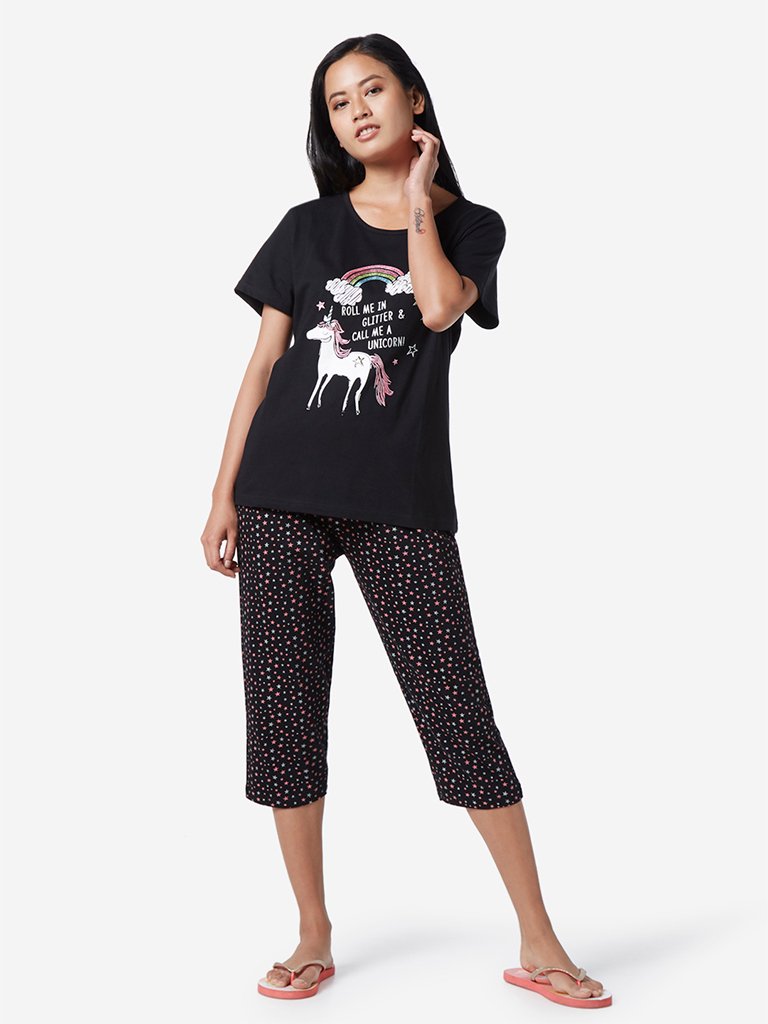 Wunderlove Black Unicorn T-Shirt And Capris Set