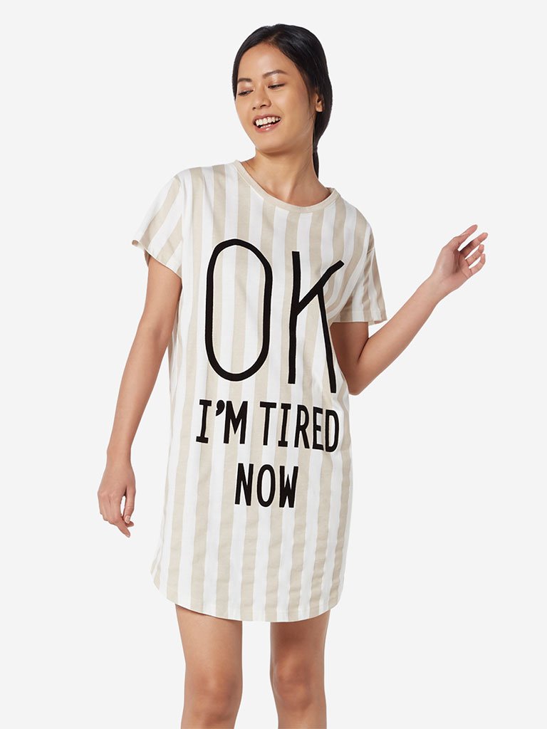 Wunderlove Beige Printed Cotton Nightdress