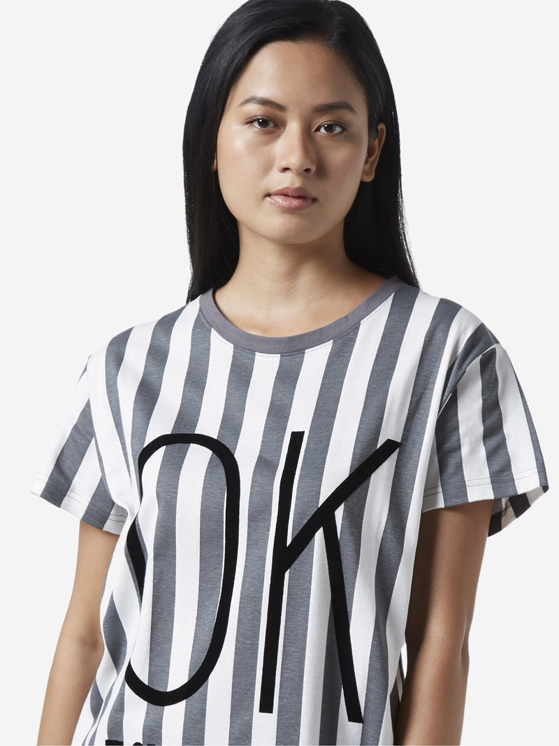 Wunderlove Grey Striped Pure Cotton Nightdress