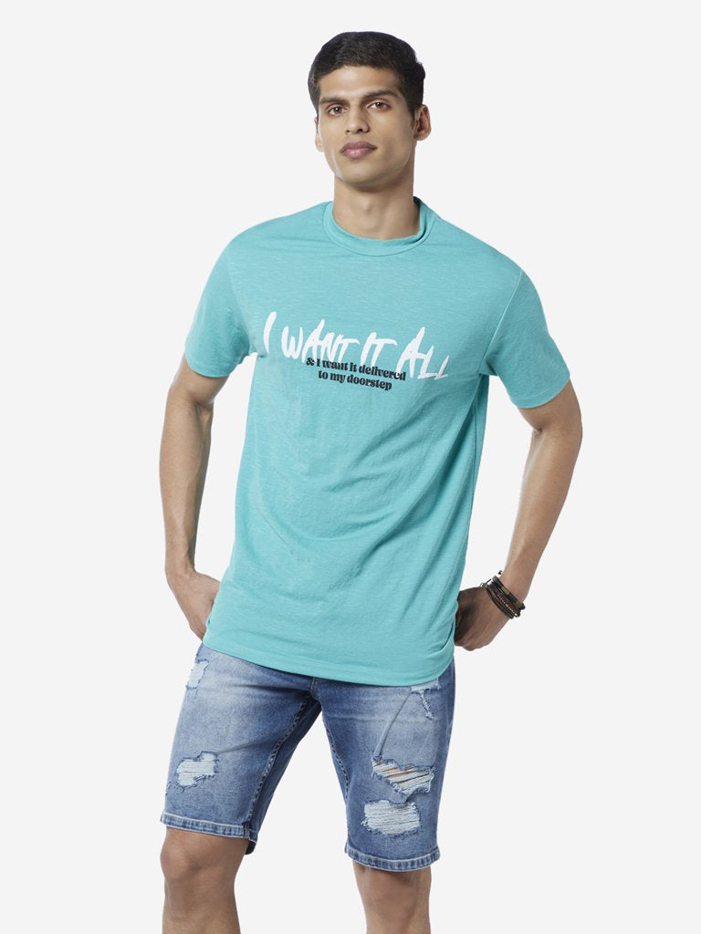 Nuon Teal Text Pattern Slim-Fit T-Shirt
