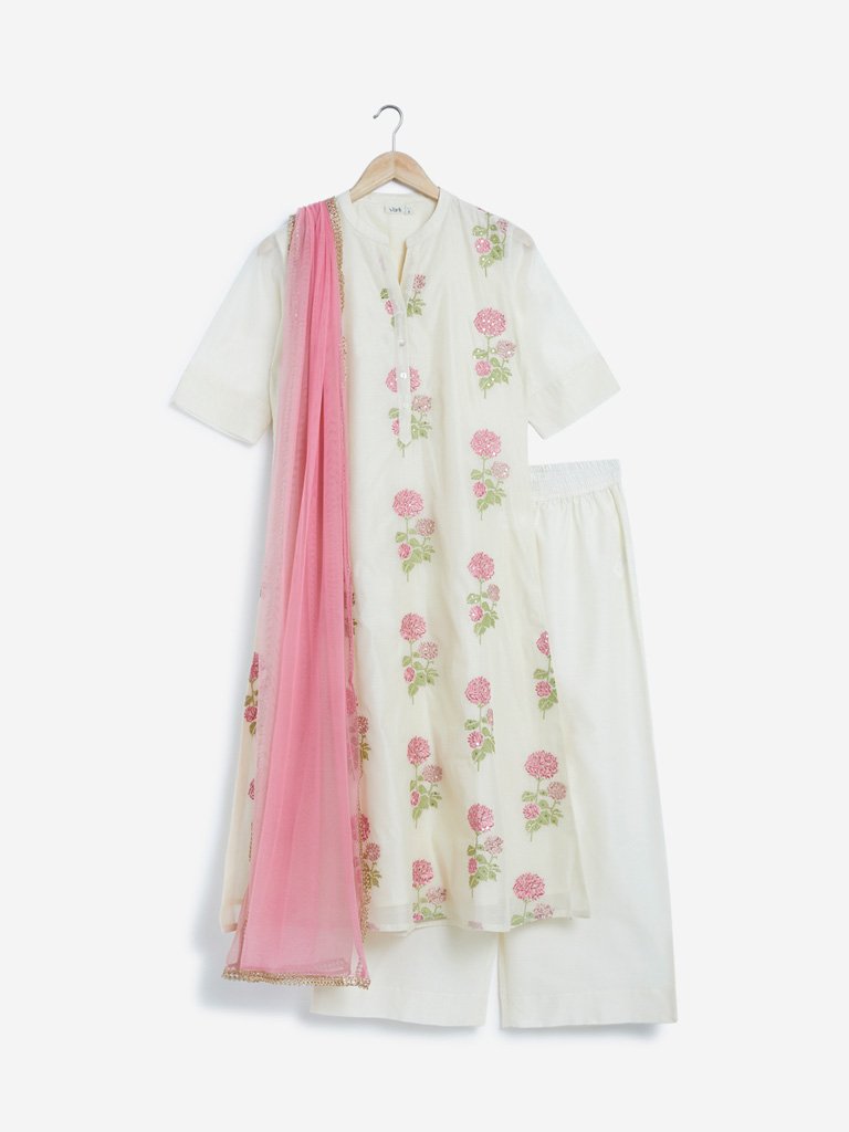 Vark Off White Kurta, Palazzos And Dupatta Set