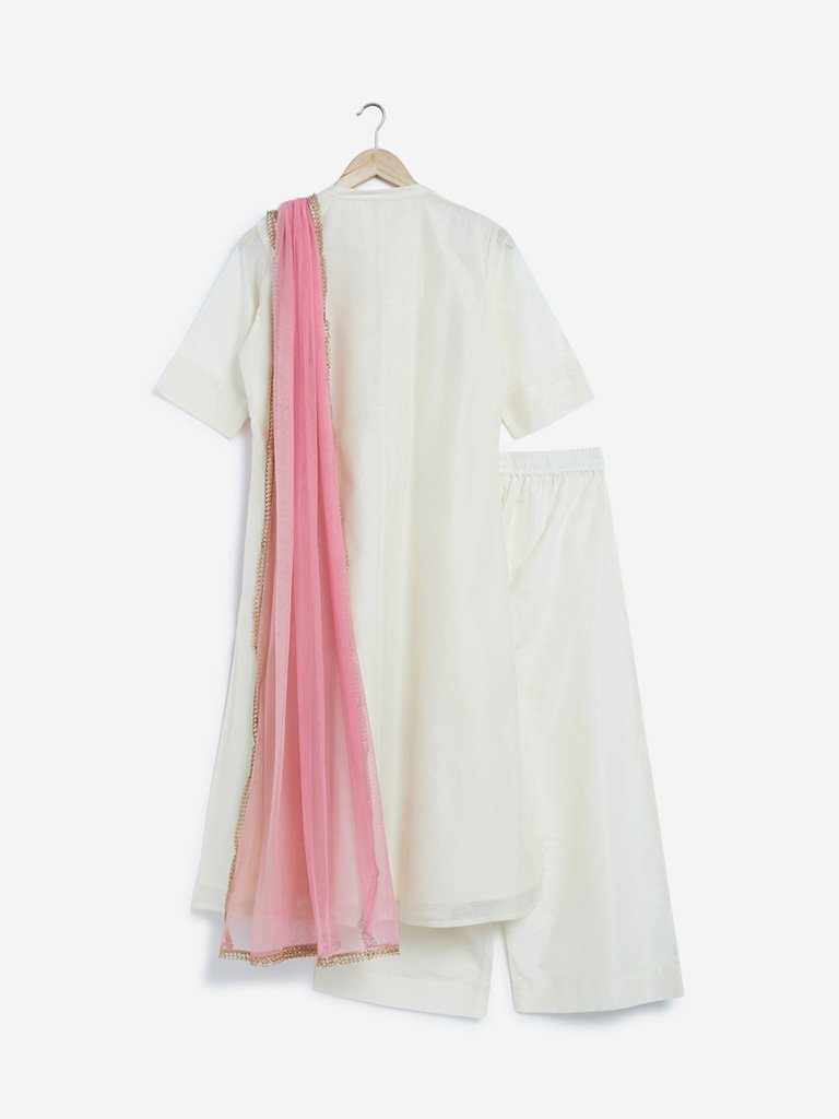 Vark Off White Kurta, Palazzos And Dupatta Set