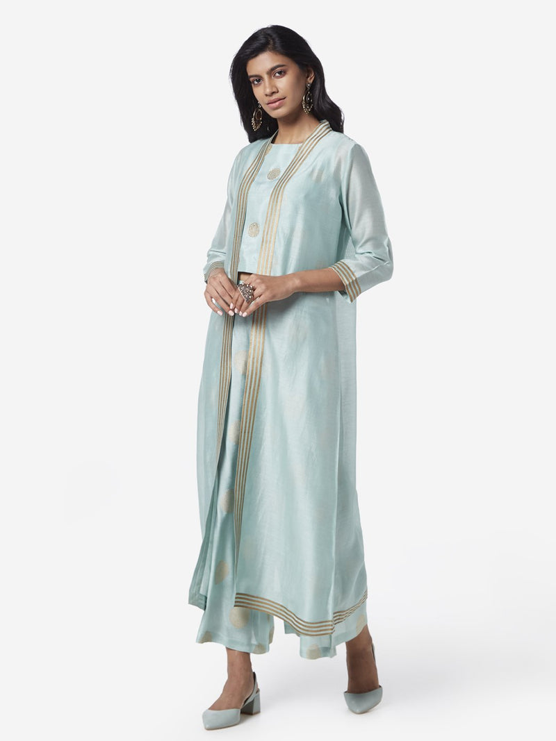 Vark Turquoise Crop-Top, Palazzos And Jacket Set