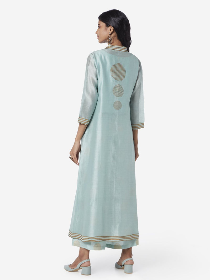 Vark Turquoise Crop-Top, Palazzos And Jacket Set