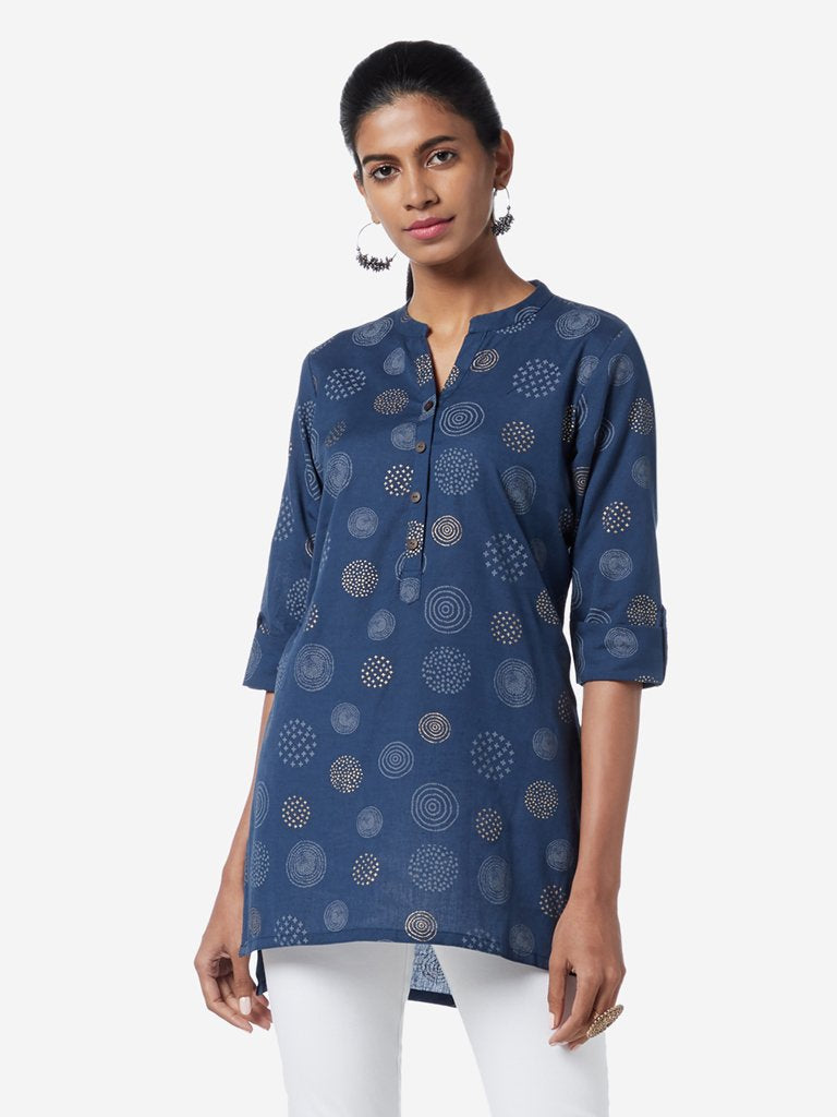 Utsa Indigo High-Low Circular Pattern Kurti