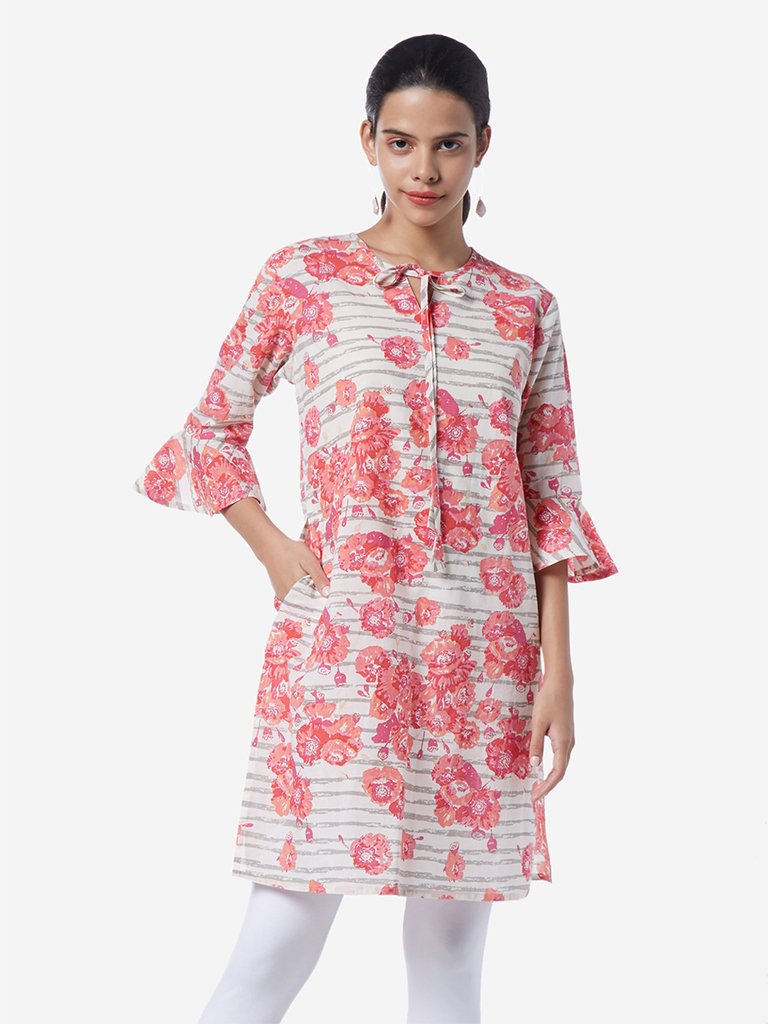 Utsa Pink Straight Floral Print Kurta