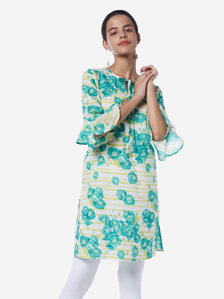 Utsa Green Straight Floral Print Kurta