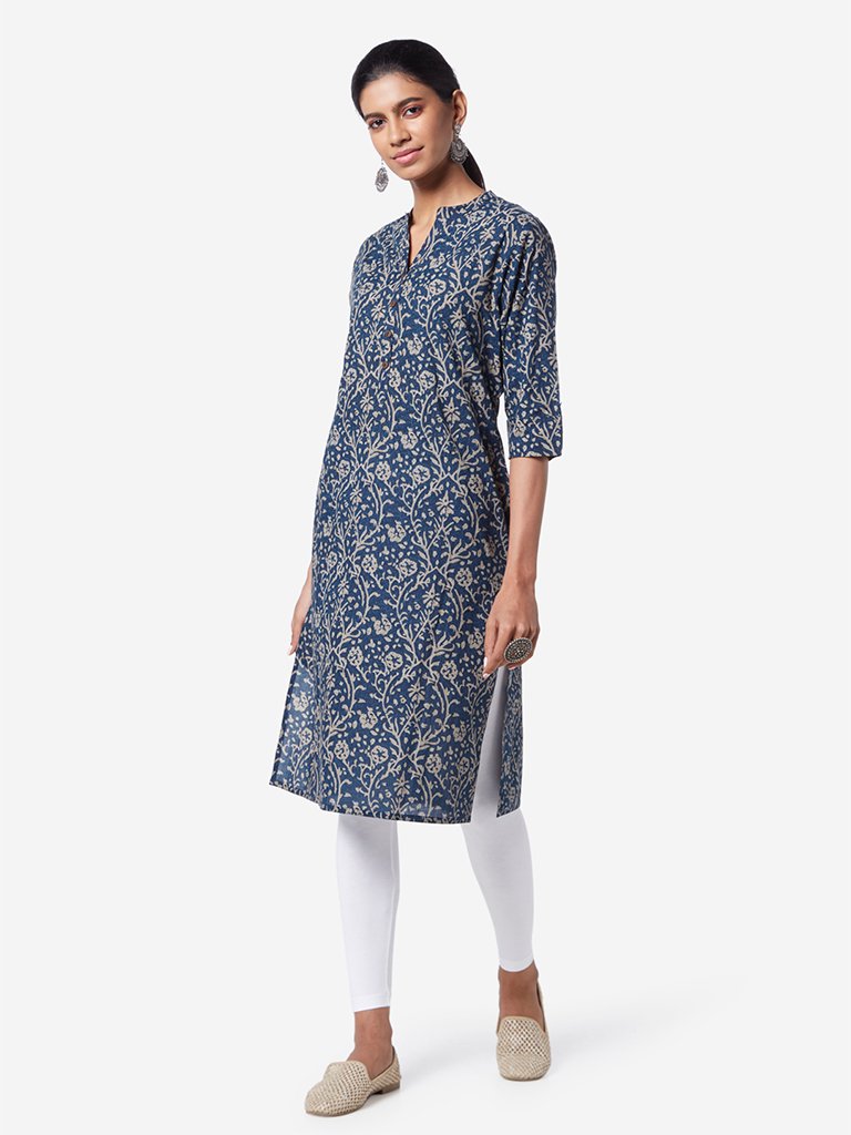 Utsa Indigo Printed Cotton Straight Kurta