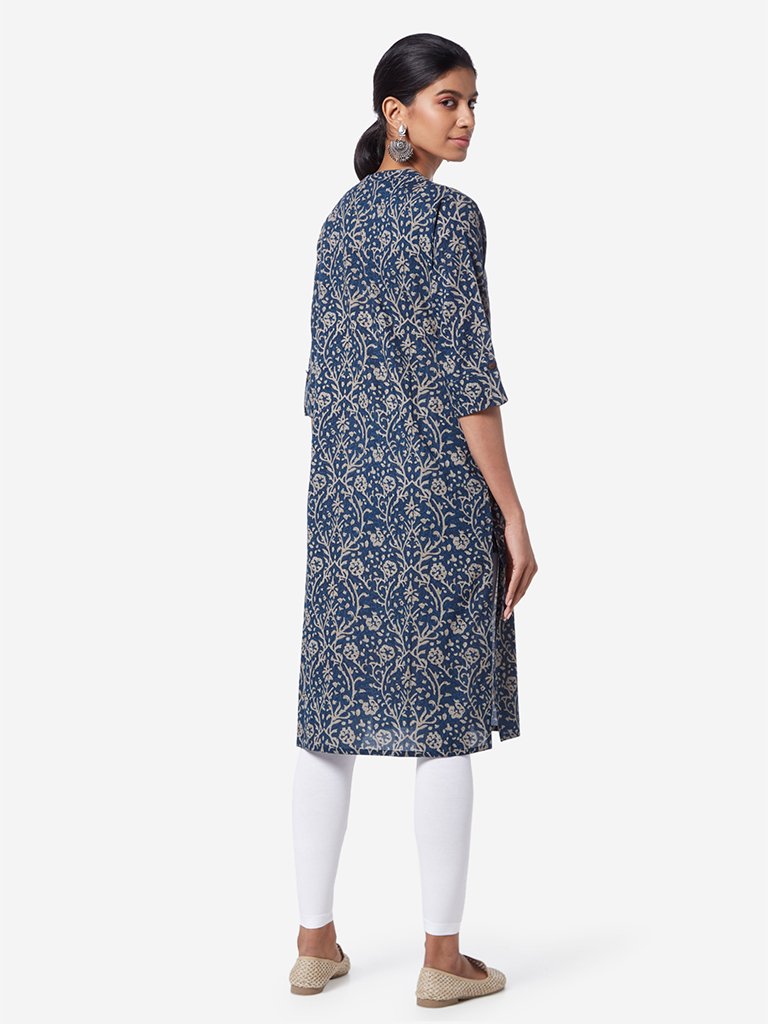 Utsa Indigo Printed Cotton Straight Kurta
