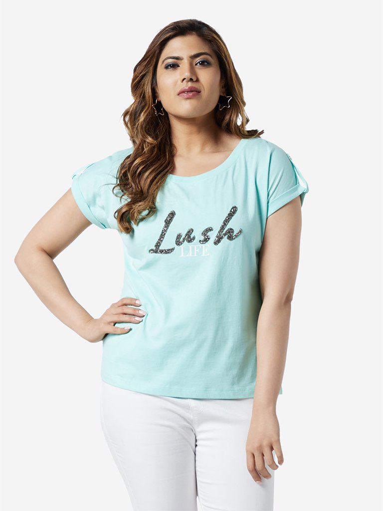 Sassy Soda Curve Turquoise Text Printed T-Shirt